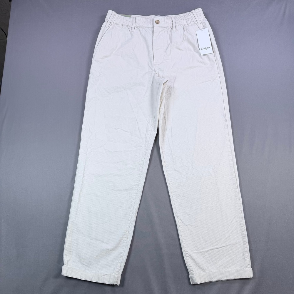 Goodfellow Mens S Cream Cotton Ripstop Straight Trouser Pants Elastic Waist NWT